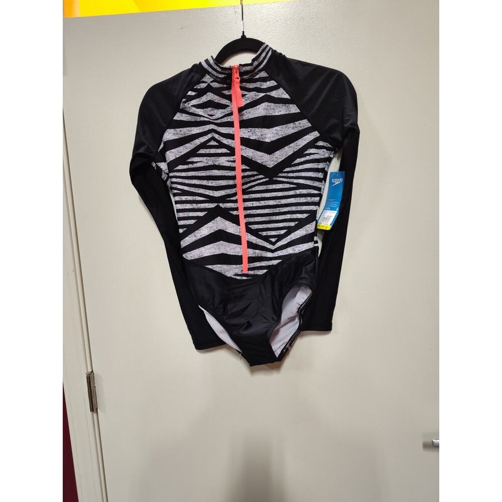 Speedo womens black print Paddle Suit one piece long sleeve Swimsuit size Small